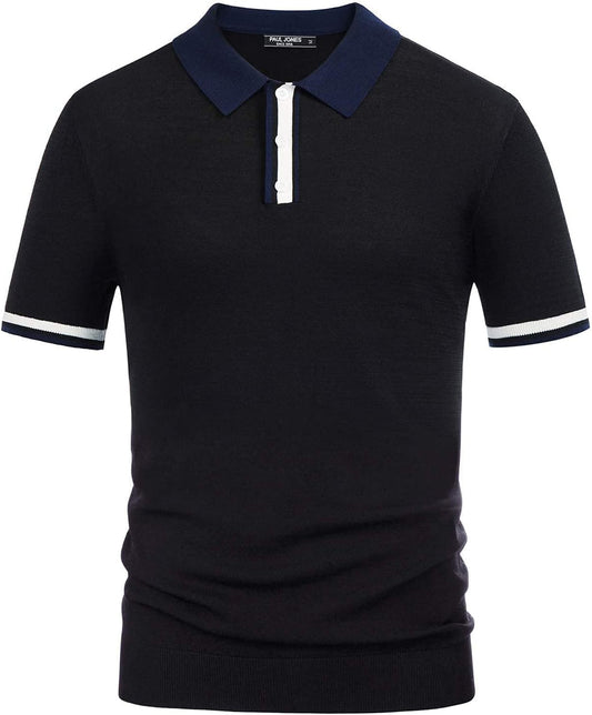 Mens Regular Fit Polo Shirts Short Sleeve Golf Knitwear for Summer Solid-Black