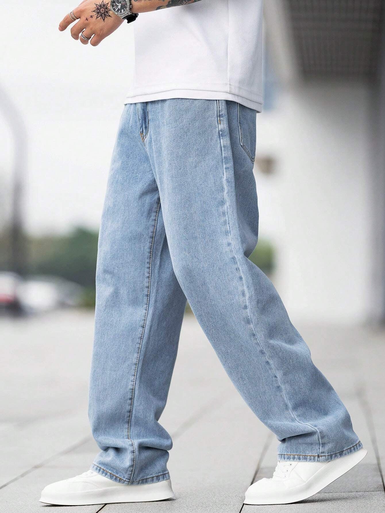 GALLERY FADE Loose Fit Men'S Cotton Jeans with Slant Pockets Baggy Long Washed Skater Jean Cargo Plain Light Blue Going Out Y2K Friends Urban Going Out Commute Work Vacation