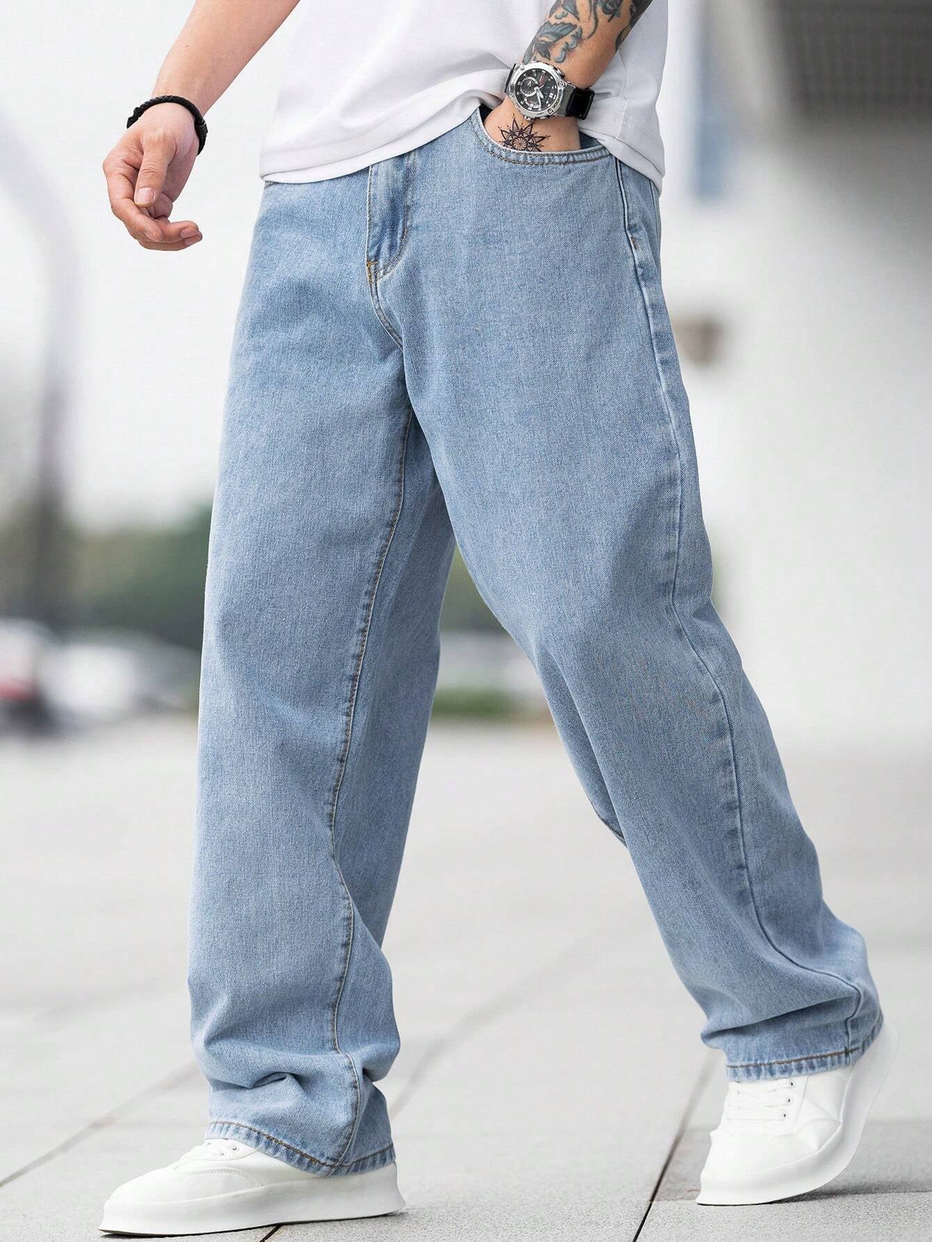 GALLERY FADE Loose Fit Men'S Cotton Jeans with Slant Pockets Baggy Long Washed Skater Jean Cargo Plain Light Blue Going Out Y2K Friends Urban Going Out Commute Work Vacation