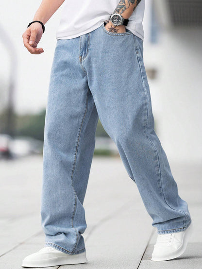 GALLERY FADE Loose Fit Men'S Cotton Jeans with Slant Pockets Baggy Long Washed Skater Jean Cargo Plain Light Blue Going Out Y2K Friends Urban Going Out Commute Work Vacation